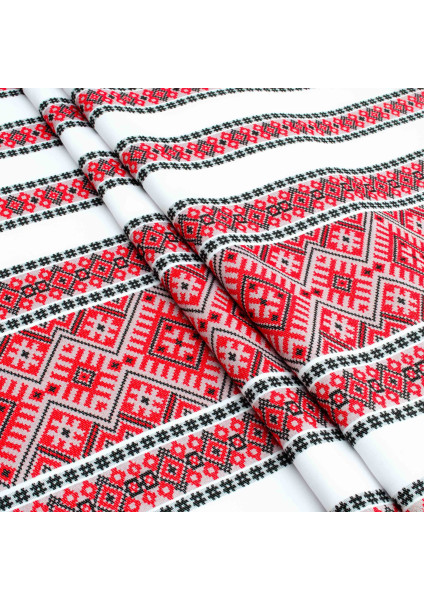 Ethno-jacquard fabric for tablecloths Red Ruta-2 TDK-J-212 1/1, linear meter.