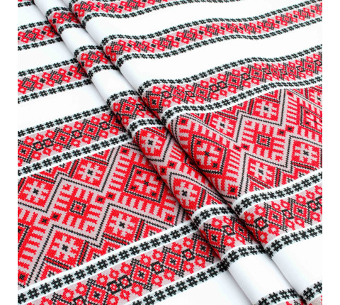Ethno-jacquard fabric for tablecloths Red Ruta-2 TDK-J-212 1/1, linear meter.