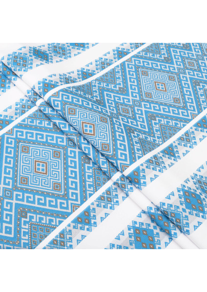 Ethno-jacquard fabric for tablecloths Smerika TDK-J-217 1/2 with blue pattern, per meter.