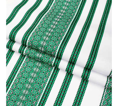 Tablecloth fabric with green ethnic ornament Violetta TDK-65 9/5, per meter.